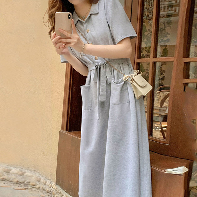 慵懶風收腰翻領帶綁帶連身裙