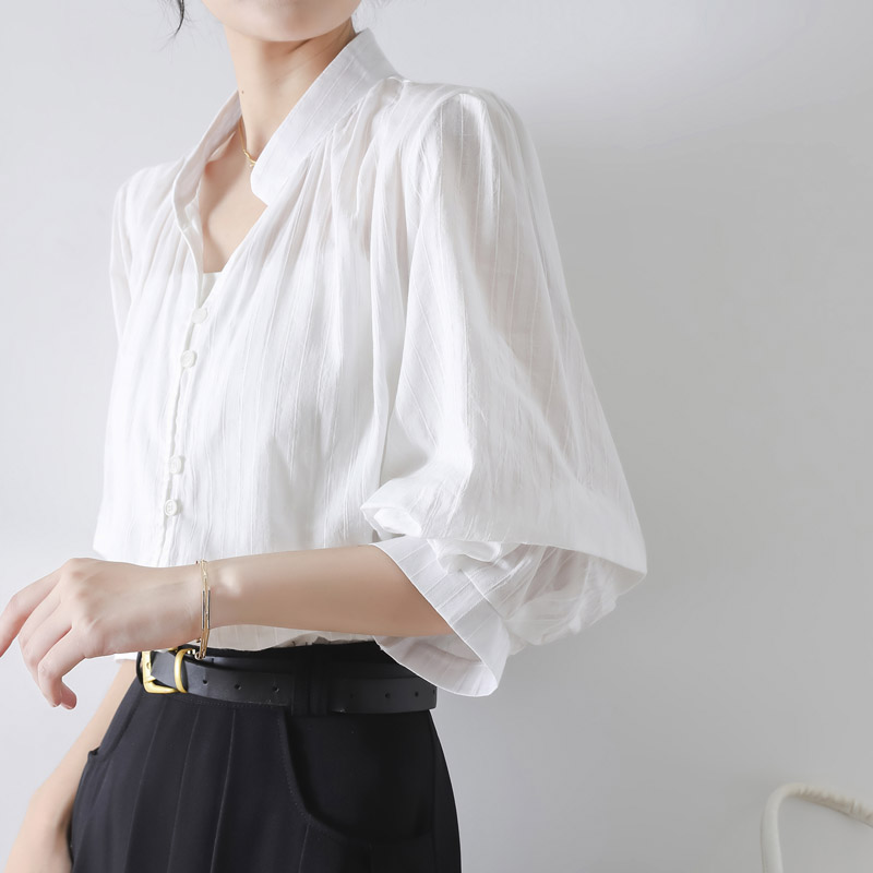 法式立領中袖燈籠袖襯衫