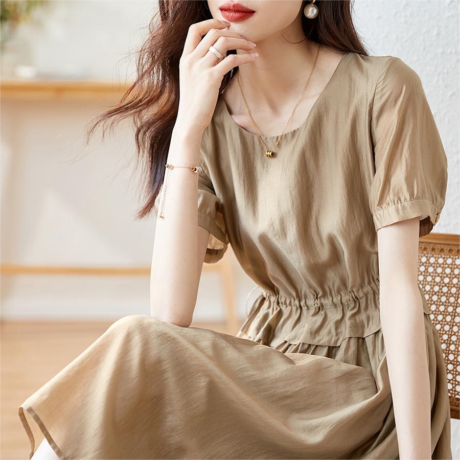 氣質圓領短袖收腰A字洋裝