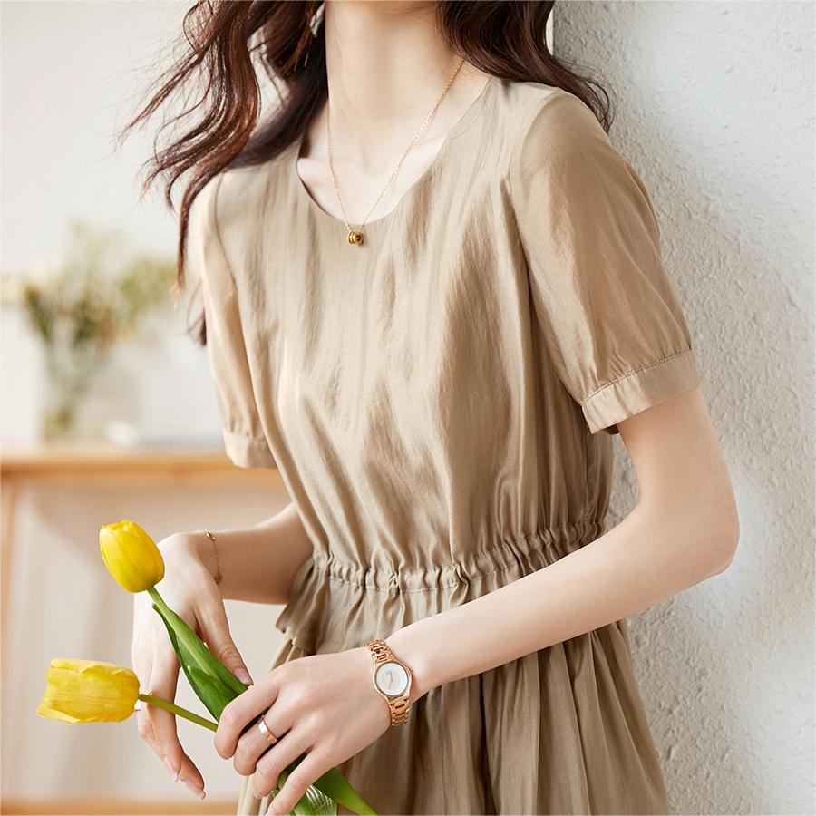 氣質圓領短袖收腰A字洋裝