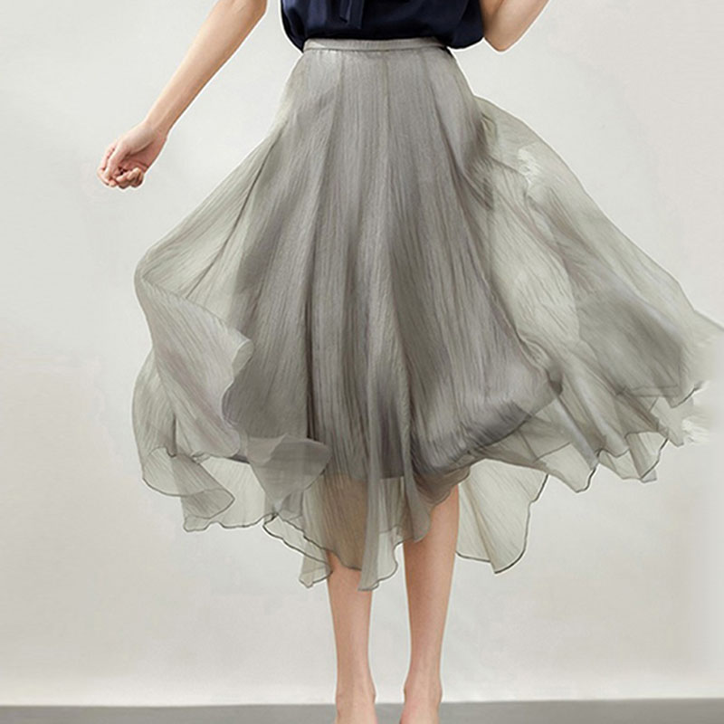 浪漫木耳邊不規則中長雪紡半身裙