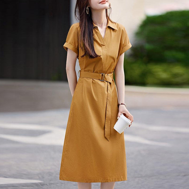 簡約純色繫帶襯衫連身裙
