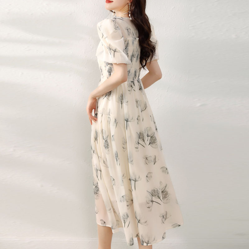 氣質水墨印花泡泡袖連身裙