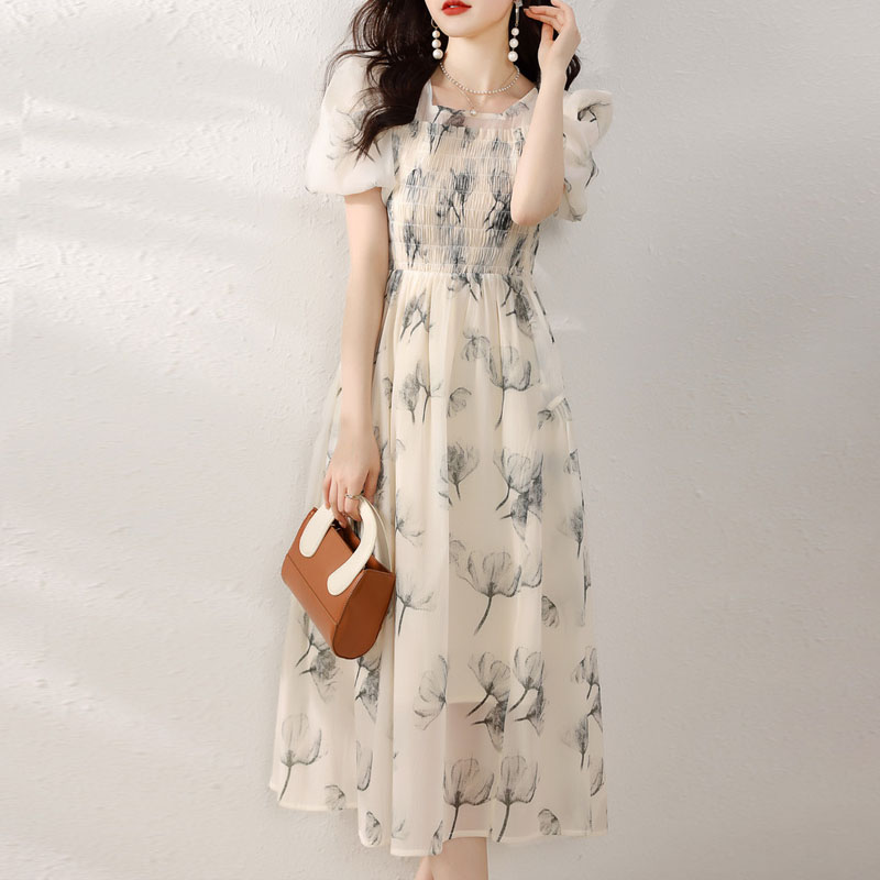 氣質水墨印花泡泡袖連身裙