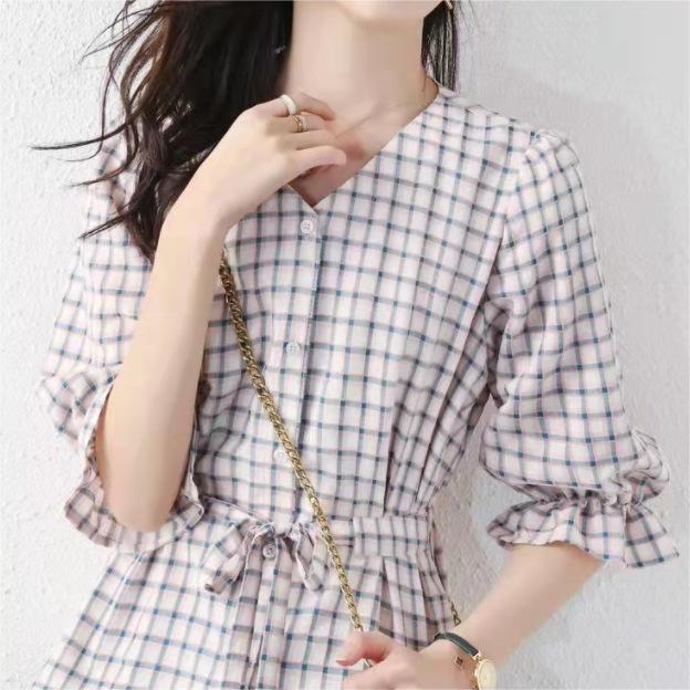 通勤減齡V領格子泡泡袖襯衫