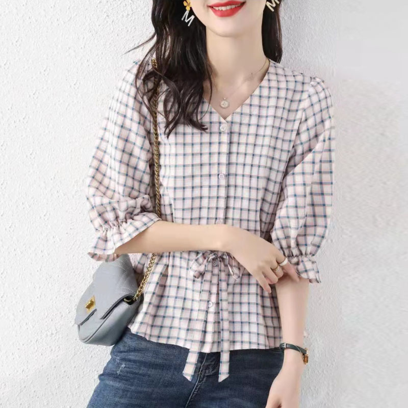 通勤減齡V領格子泡泡袖襯衫