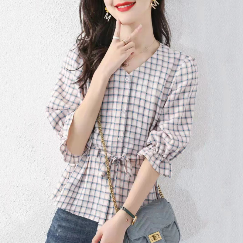 通勤減齡V領格子泡泡袖襯衫