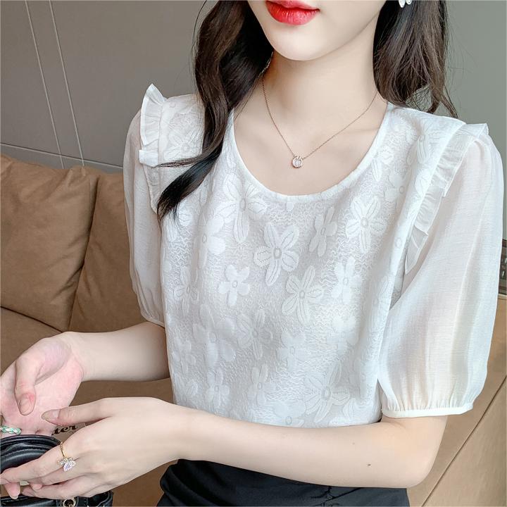法式泡泡袖雪紡短袖襯衫