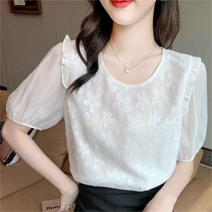 法式泡泡袖雪紡短袖襯衫