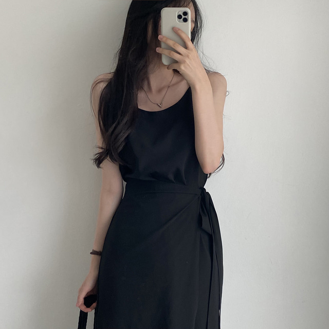 法式純色綁帶無袖連身裙