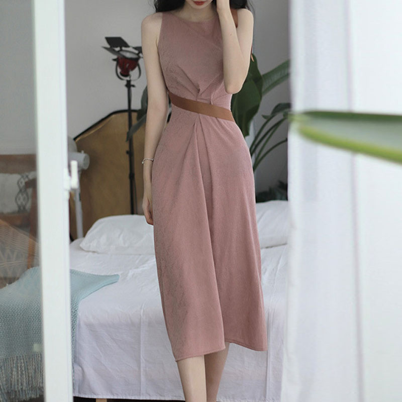 氣質純色立裁無袖連身裙