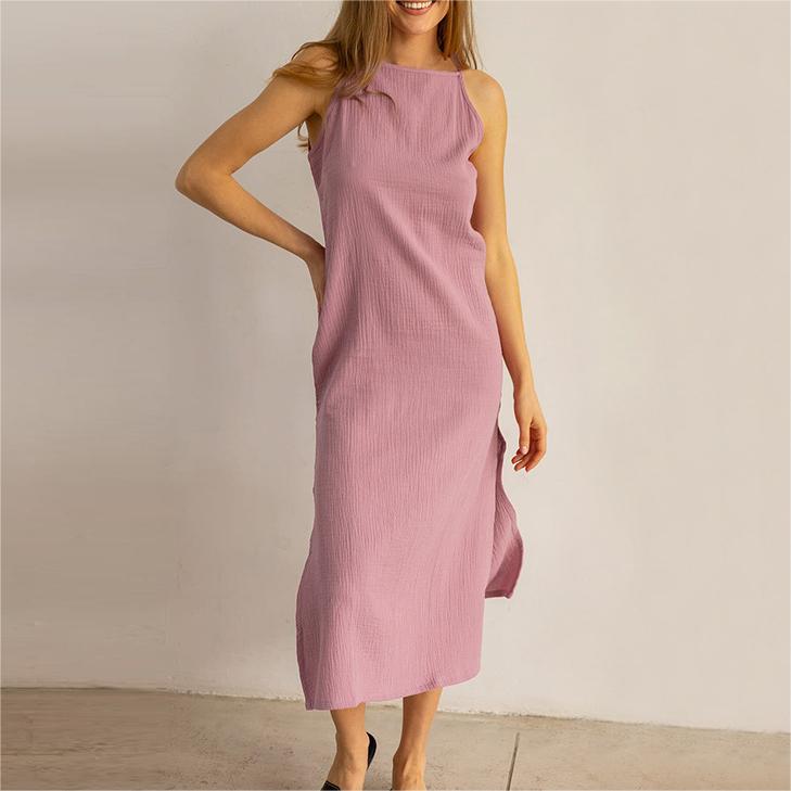 簡約純色開叉無袖洋裝