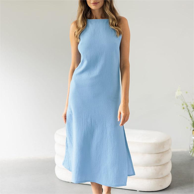 簡約純色開叉無袖洋裝