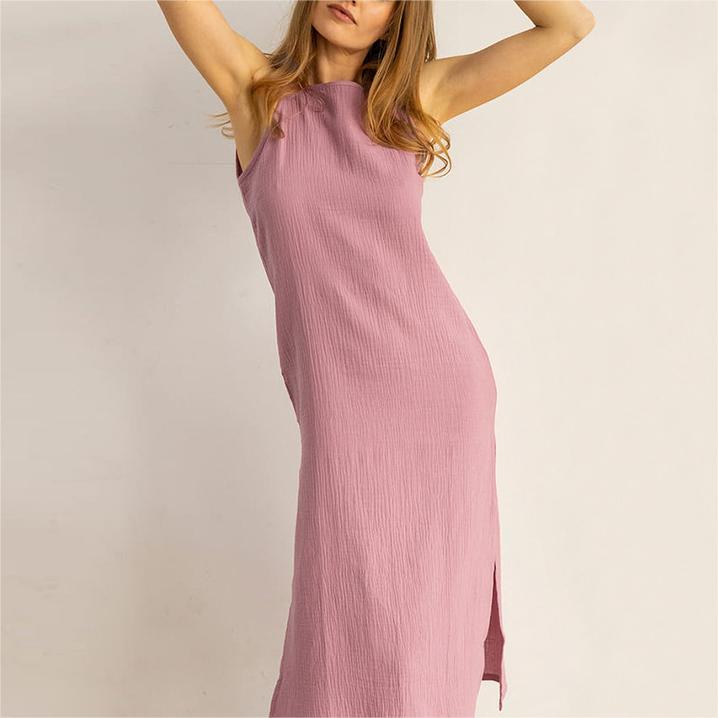 簡約純色開叉無袖洋裝