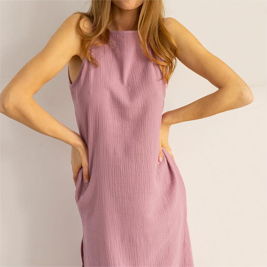 簡約純色開叉無袖洋裝