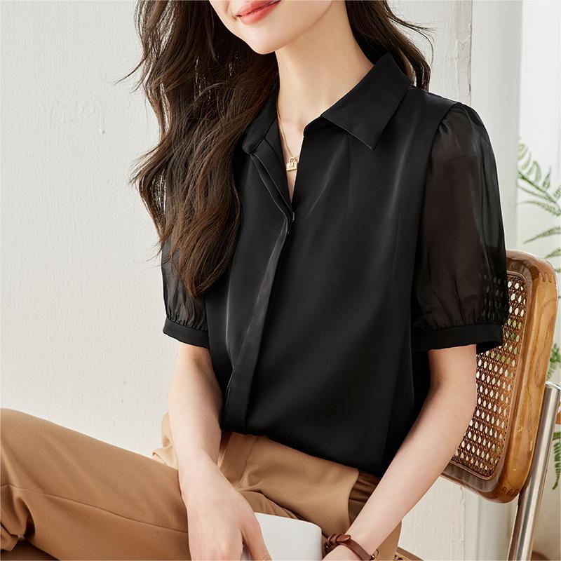 法式V領泡泡袖雪紡襯衫