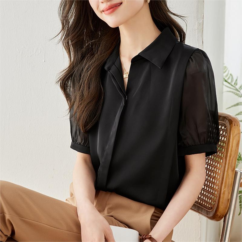 法式V領泡泡袖雪紡襯衫