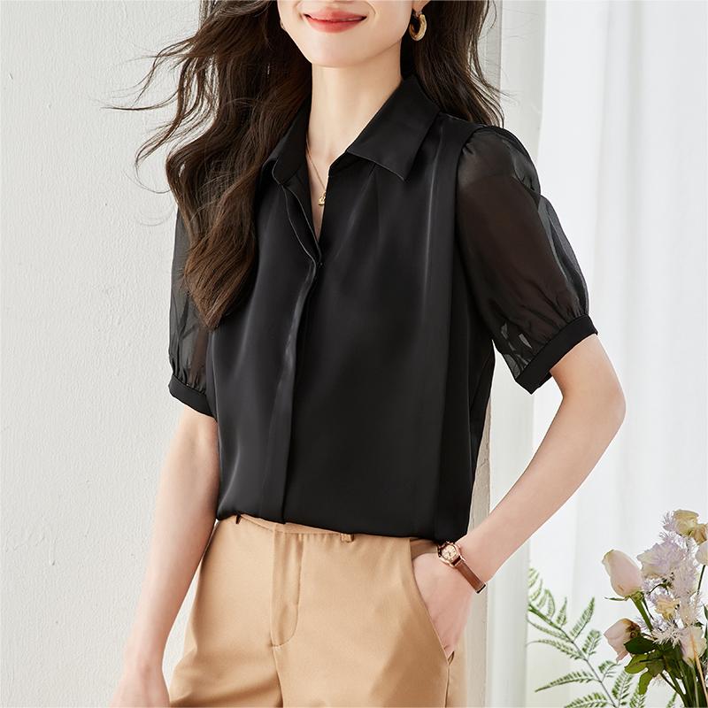 法式V領泡泡袖雪紡襯衫