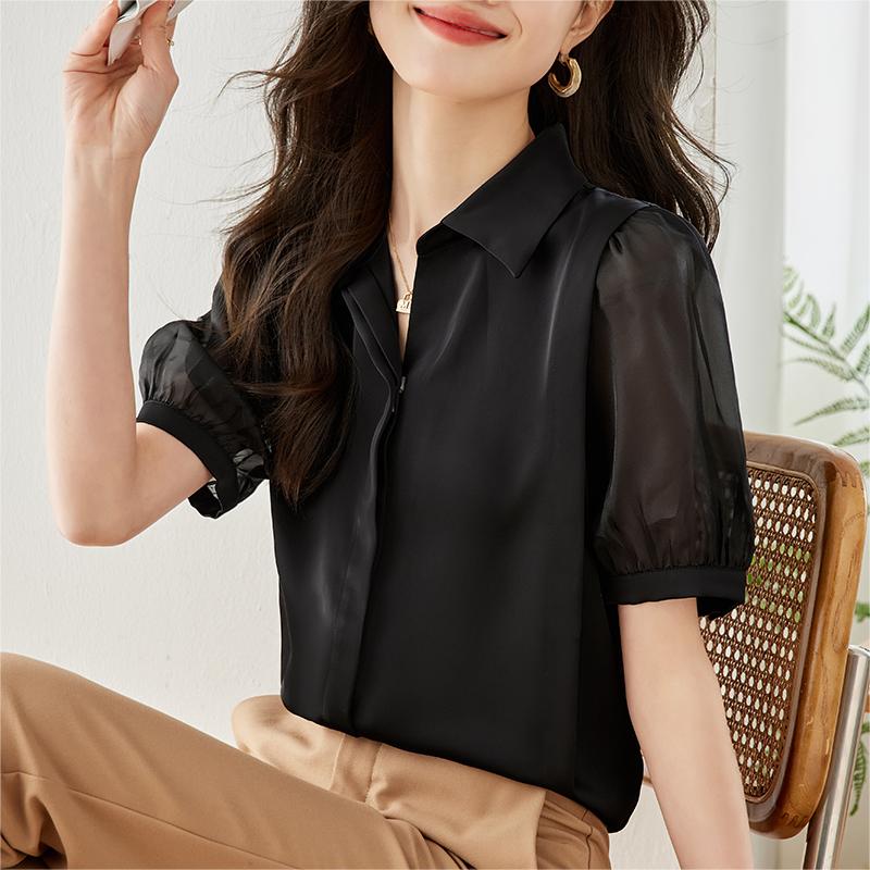 法式V領泡泡袖雪紡襯衫