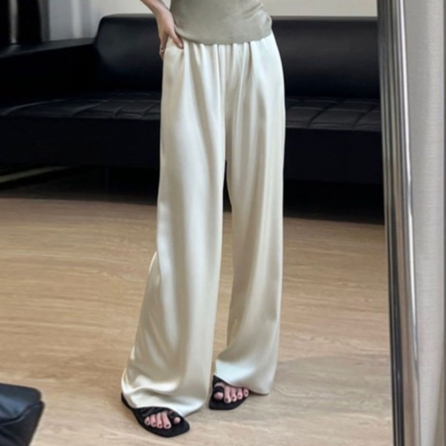 休閑高腰緞面冰絲闊腿褲