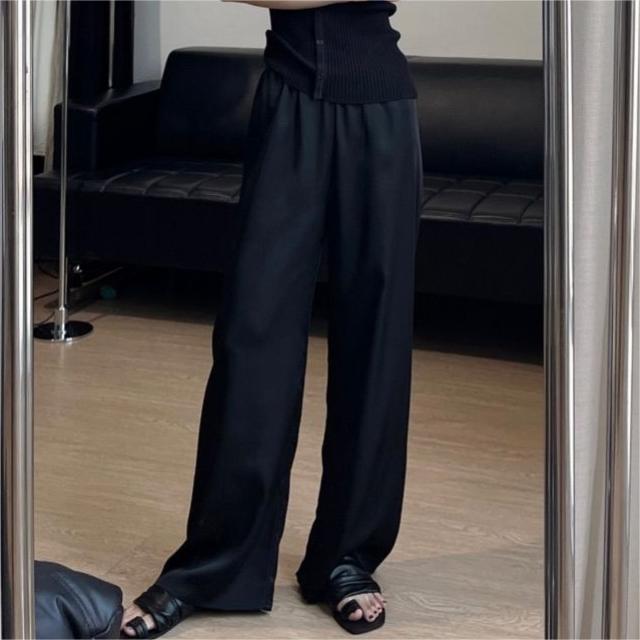 休閑高腰緞面冰絲闊腿褲