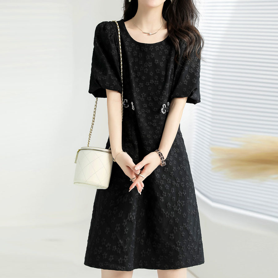 法式提花扣裝飾短袖連身裙