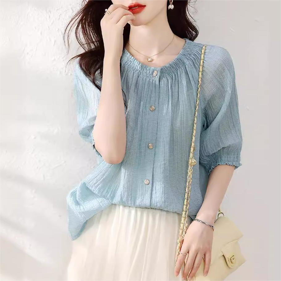 韓系純色圓領短袖襯衫