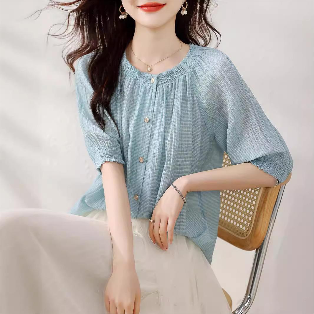 韓系純色圓領短袖襯衫