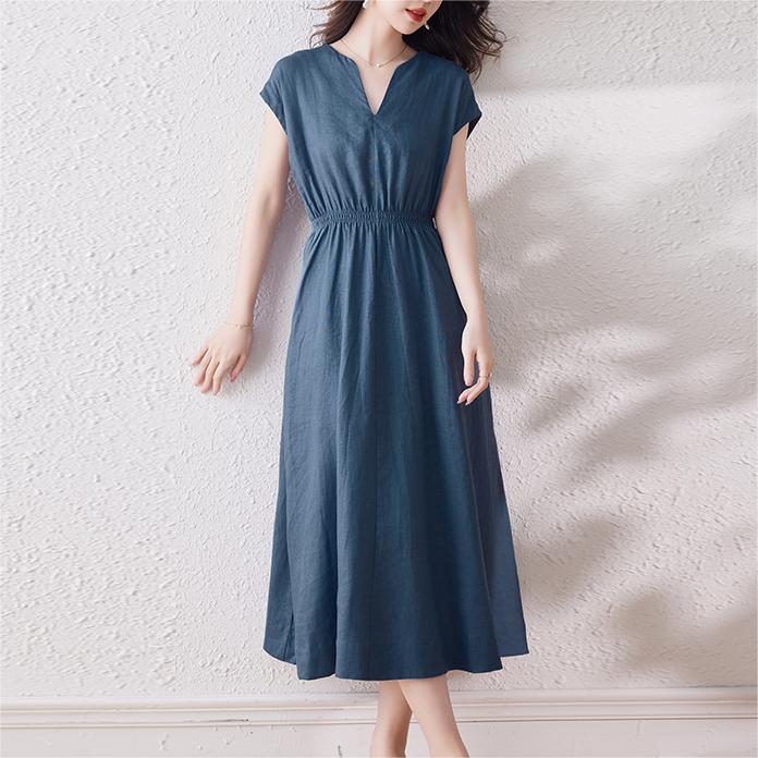 簡約風純色亞麻透氣連身裙