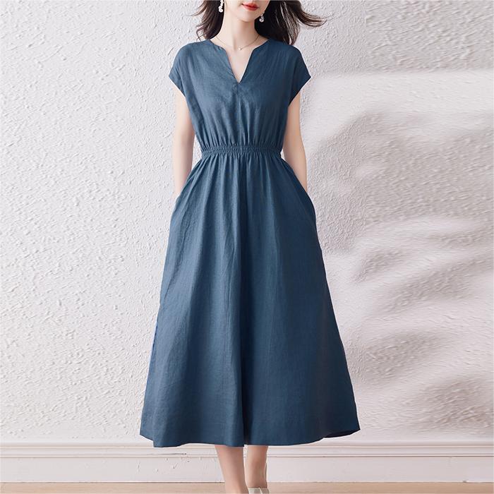 簡約風純色亞麻透氣連身裙