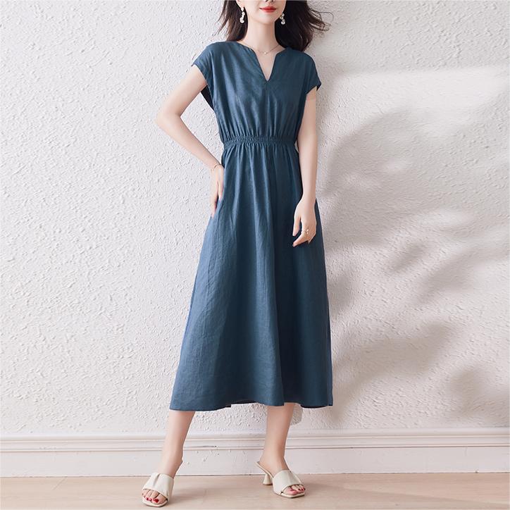 簡約風純色亞麻透氣連身裙