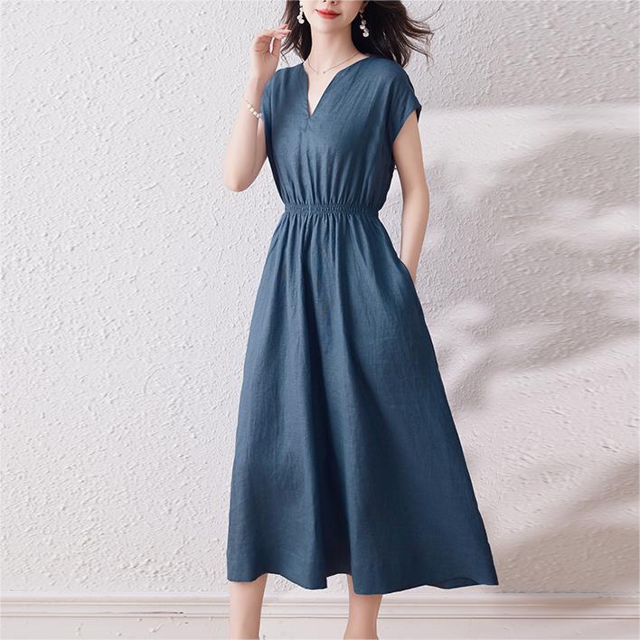 簡約風純色亞麻透氣連身裙