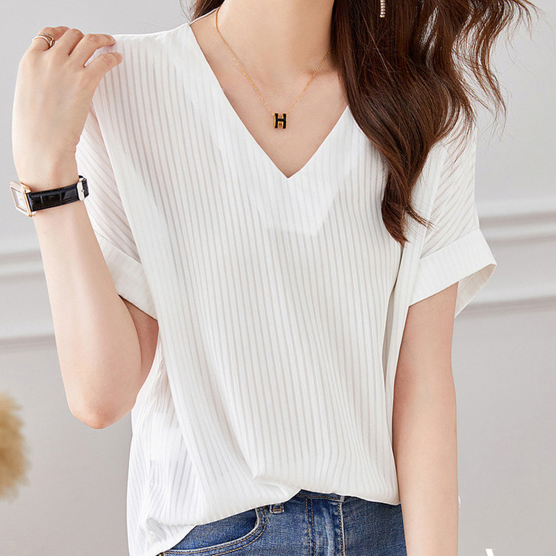 法式條紋V領短袖T恤