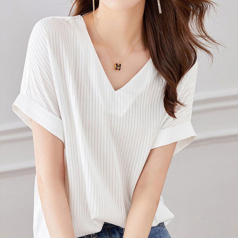 法式條紋V領短袖T恤