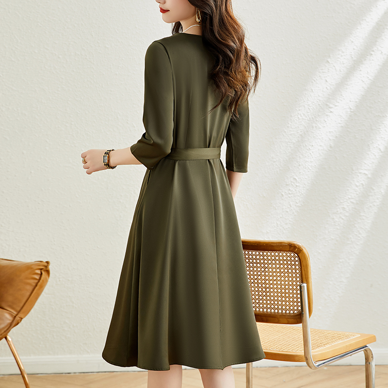 優雅純色收腰七分袖連身裙