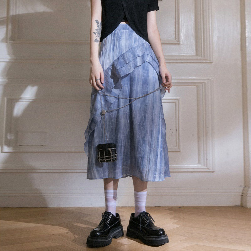 個性水墨波紋雙層荷葉半身裙