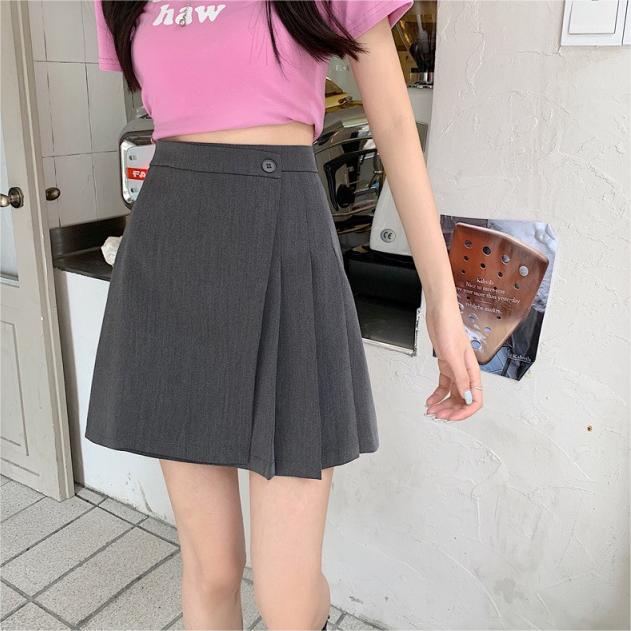 減齡純色西裝高腰百褶半身裙