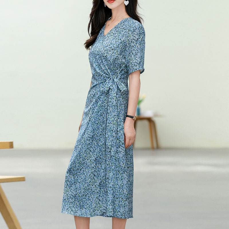 法式繫帶茶歇碎花連身裙