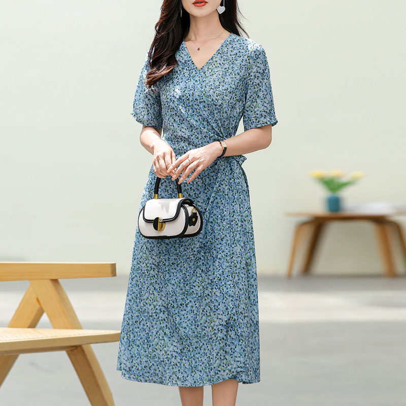 法式繫帶茶歇碎花連身裙