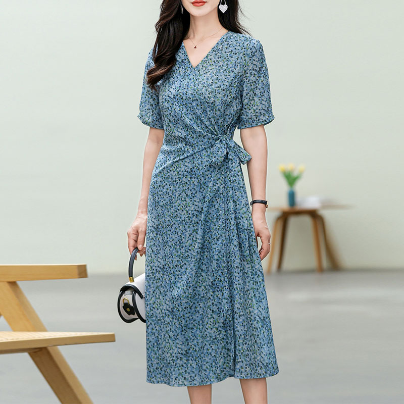 法式繫帶茶歇碎花連身裙