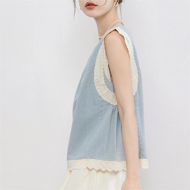 設計感牛仔蕾絲吊帶背心