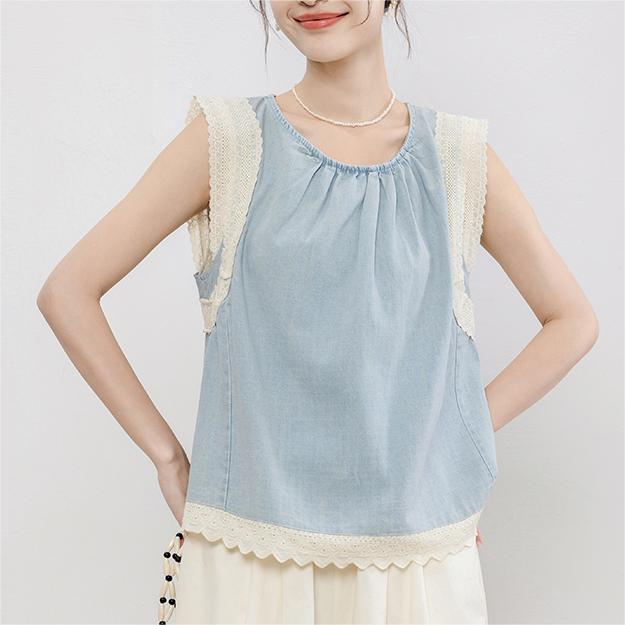 設計感牛仔蕾絲吊帶背心