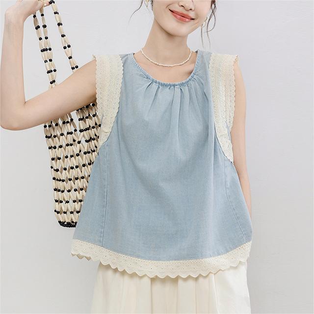 設計感牛仔蕾絲吊帶背心