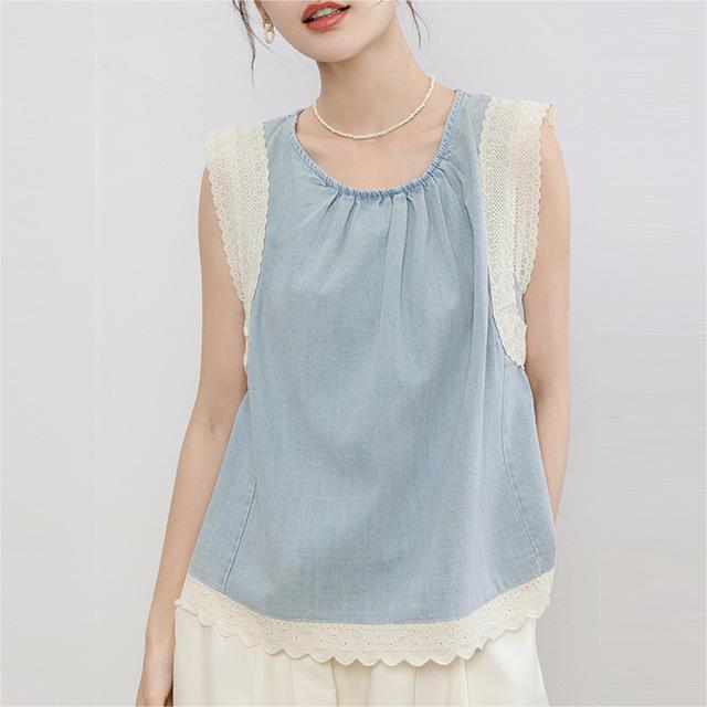 設計感牛仔蕾絲吊帶背心