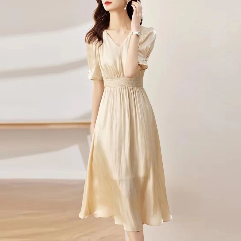 氣質人魚姬V領透氣收腰A字洋裝