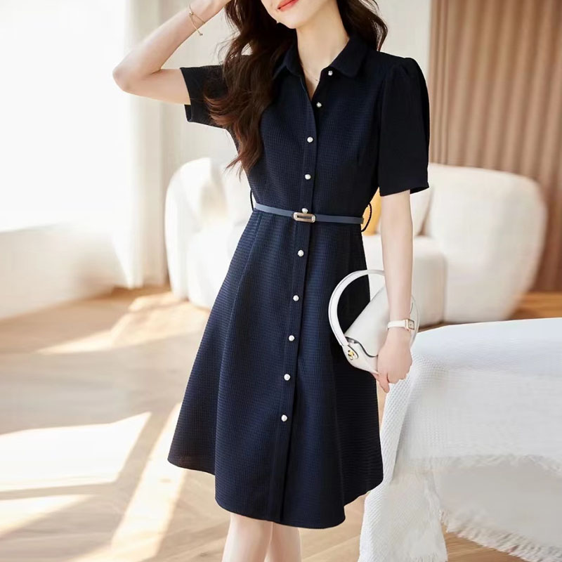 氣質華夫格紋腰帶短袖連身裙