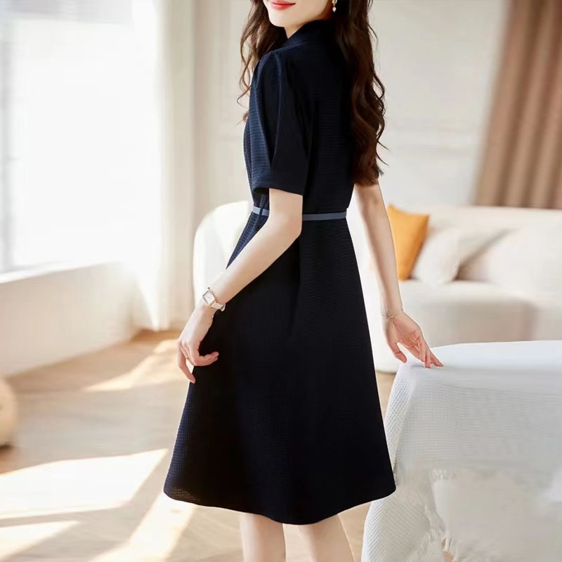 氣質華夫格紋腰帶短袖連身裙