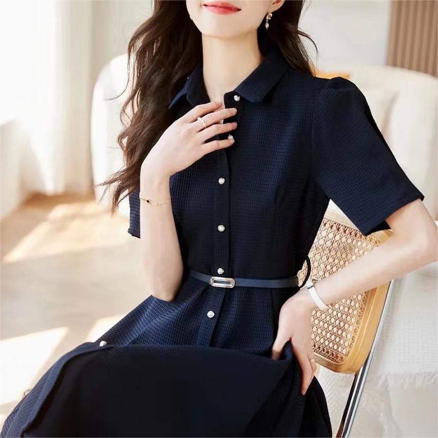 氣質華夫格紋腰帶短袖連身裙