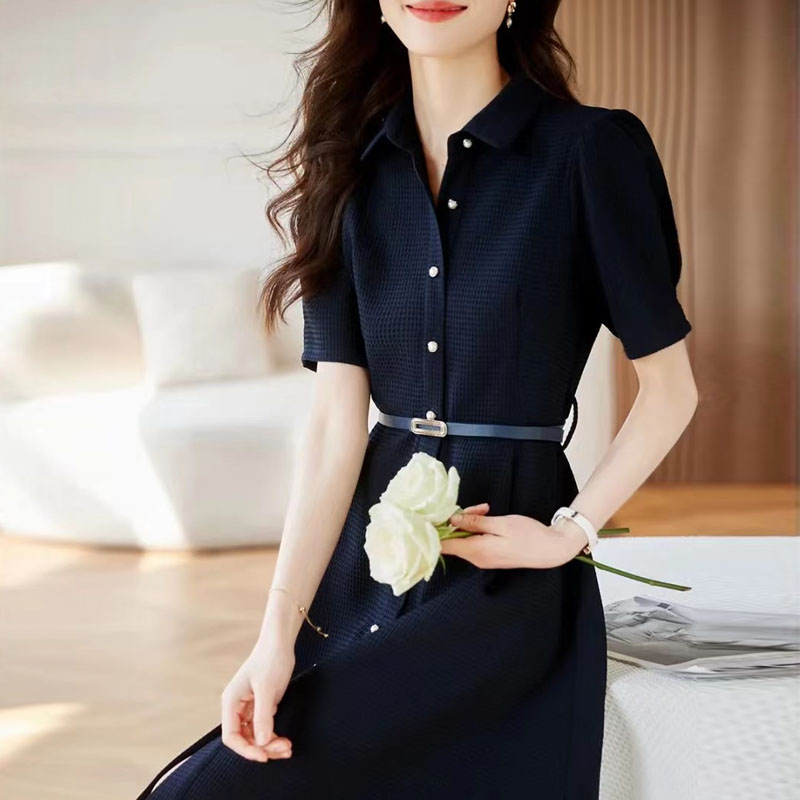 氣質華夫格紋腰帶短袖連身裙