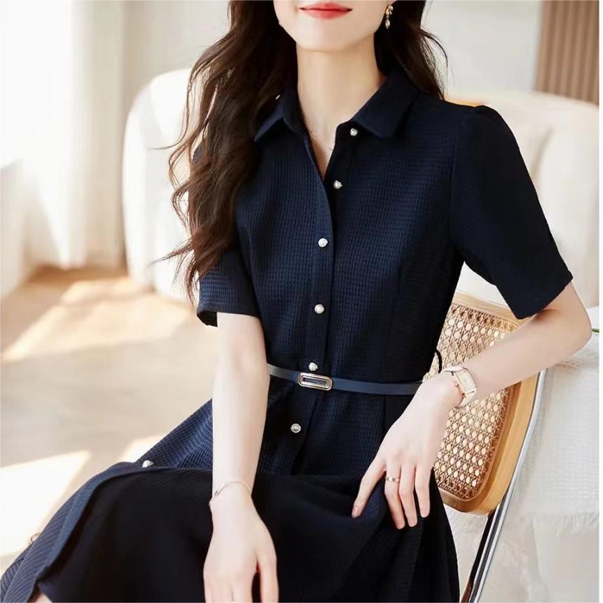 氣質華夫格紋腰帶短袖連身裙